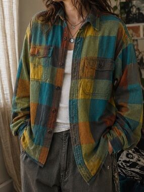 BDG Urban Outfitters Oversized Plaid Flannel Shirt Jacket Medium Teal Mustard